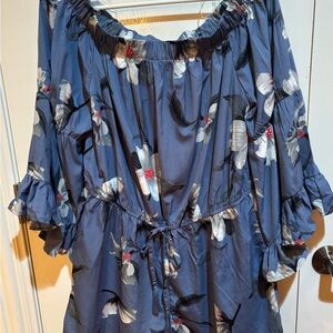 Floral Off-Shoulder Mint of Blush Blue Romper. Adorable! Perfect for summer